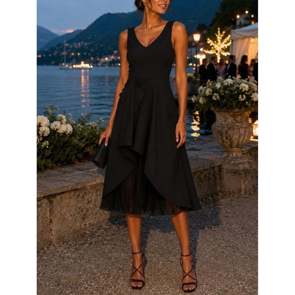 New $298  Kay Unger Begonia Ruffled A-Line Midi-Dress in Black Size 4